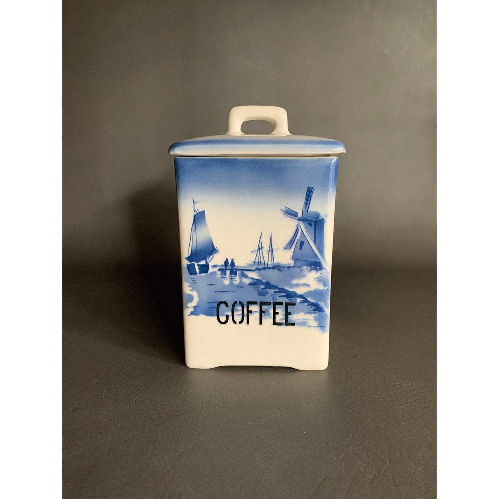 DELFT Blue Cream Transferware Coffee vintage canister Ceramic Czechoslovakia